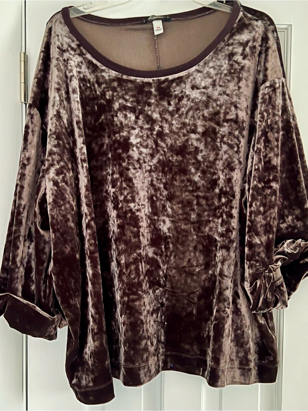 Velvet Long-Sleeve Scoop Neck Top - Brown